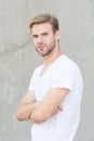 Bearded man white shirt. portrait of male attractiveness. young sexy guy gray background. confident macho man. summer