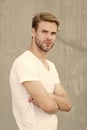 Bearded man white shirt. portrait of male attractiveness. young sexy guy gray background. confident macho man. summer