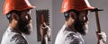 Bearded man worker with beard, building helmet, hard hat. Builder in helmet, hammer, handyman, builders in hardhat. Tool