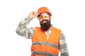 Bearded man worker with beard in building helmet or hard hat. Man builders, industry. Building glasses. Portrait of a Royalty Free Stock Photo