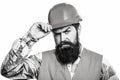 Bearded man worker with beard in building helmet or hard hat. Man builders, industry. Portrait architect builder, civil