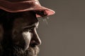 Bearded man worker with beard in building helmet or hard hat. Portrait architect builder, civil engineer working. Man