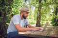 Bearded man is working and smiling with laptop at the park under the tree. Happy freelancer is sitting and using app or