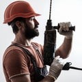 Bearded man works with drill. Repairer man in protective hard hat. Construction worker with drill. Builder in orange helmet and