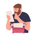 Bearded Man Writer Character at Typewriter Reading Paper Sheet Engaged in Creative Literary Work Vector Illustration Royalty Free Stock Photo