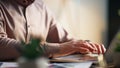 Bearded manager busy office work sitting desk closeup. Businessman typing laptop Royalty Free Stock Photo