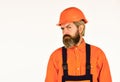 Bearded mature man in uniform. Reputation of excellent worker. Skillful worker. Electrician plumber handyman. Repairman
