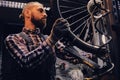 Mechanic doing bicycle wheel service manual in a workshop. Royalty Free Stock Photo