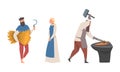 Bearded Medieval Male Peasant Carrying Hay and Blacksmith with Hammer Vector Illustration Set Royalty Free Stock Photo