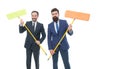 Bearded men formal suits hold mops. Big cleaning day. Cleaning business. Cleaning service concept. Cover our tracks