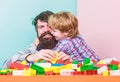 Bearded man and son play together. Surefire ways to bond with your son. Father son game. Dad and kid build plastic Royalty Free Stock Photo