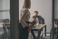 Bearded man and woman have business meeting. Bearded man talk to secretary in office, communication and cooperation Royalty Free Stock Photo