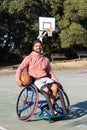 Bearded middle-aged man in sports wheelchair at sports ground