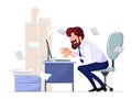 Bearded office worker sitting on chair at computer desk, working enthusiastically.