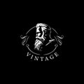 Bearded old man bust logo template, Elder hipster portrait emblem, sage stamp, grandfather tattoo sketch. Hand drawing