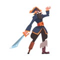 Bearded One-legged Pirate or Buccaneer with Saber and Angry Grin Vector Illustration