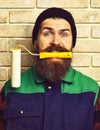 Bearded painter man holding roller paint with surprised face Royalty Free Stock Photo