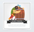 Bearded pirate sleeping on a wooden barrel of rum, scary pirates banner, flat vector ilustration Royalty Free Stock Photo