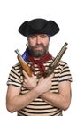 Bearded pirate in tricorn hat with a muskets Royalty Free Stock Photo