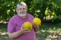 Bearded positive Ukrainian senior farmer being happy with and holding ripe melons in hands Royalty Free Stock Photo