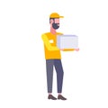 Bearded postman man holding cardboard box man courier in uniform carrying parcel express delivery concept male cartoon Royalty Free Stock Photo