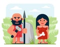 Bearded prehistoric male hunter with spear and hammer and woman with bone standing near rock and bushes in nature