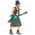 Rock musician guitarist in kilt and top hat on stage vector illustration