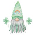 Bearded scandi gnome in green hat with rainbow and clover leaves. Patricks day character, isolated