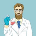 Bearded scientist in white robe holds vial with red fluid on a blue background. Big glasses, blue necktie and brown hair