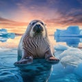 Ai Generated illustration Wildlife Concept of Bearded seal on blue and white ice in arctic Svalbard with lift up fin Royalty Free Stock Photo