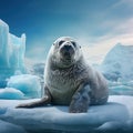 Ai Generated illustration Wildlife Concept of Bearded seal on blue and white ice in arctic Svalbard with lift up fin Royalty Free Stock Photo