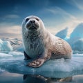 Ai Generated illustration Wildlife Concept of Bearded seal on blue and white ice in arctic Svalbard with lift up fin Royalty Free Stock Photo