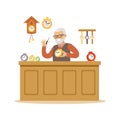 Bearded senior man repairing watches, watchmaker craft hobby or profession colorful character vector Illustration