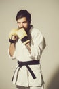 Bearded serious karate man in kimono and boxing gloves Royalty Free Stock Photo