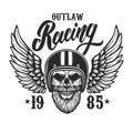 Bearded skull in racer helmet with wings. Design element for logo, label, sign, emblem, poster, t shirt. Royalty Free Stock Photo