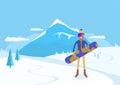 Bearded snowboarder with a snowboard on the background of winter mountains