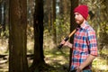 bearded stern forester with an ax walking