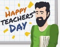 Bearded Teacher with Greeting Message in Board for Teachers` Day, Vector Illustration