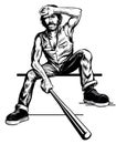 Bearded tired man resting, holding a baseball bat, black and white drawing. Royalty Free Stock Photo