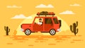 Bearded tourist in a hat, rides a car in desert.