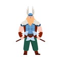 Bearded viking warrior in horned helmet flat vector illustration isolated.