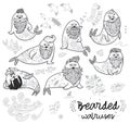 Black and white contour hipster walruses with beards and tattoos in cartoon style. Vector illustration Royalty Free Stock Photo