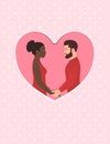 Bearded white man and beautiful afro American woman. Happy multiracial couple in love, holding hands and looking into Royalty Free Stock Photo