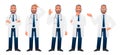 Bearded white man in a white coat stands in different poses. The male chief physician is a full-length set of characters. The