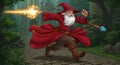A bearded wizard in a red robe runs energetically through a forest Royalty Free Stock Photo