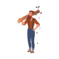 Bearded Woodman or Lumberman in Checkered Shirt and Sling Pants Carrying Log on His Shoulder Vector Illustration