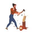 Bearded Woodman or Lumberman in Checkered Shirt and Sling Pants Chopping Wood with Ax on Tree Stump Vector Illustration