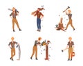 Bearded Woodman or Lumberman in Checkered Shirt and Sling Pants with Felling Ax Chopping and Sawing Wood Vector Set