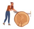 Bearded Woodman or Lumberman in Checkered Shirt and Sling Pants Sawing Wood or Log Vector Illustration