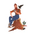 Bearded Woodman or Lumberman in Checkered Shirt and Sling Pants Sitting on Tree Stump with Mug and Raven on His Shoulder